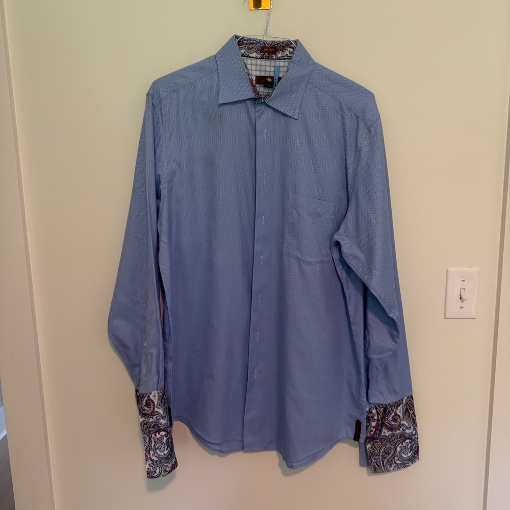Egara Mens Dress Shirt XLT 17.5 Blue Non Iron Paisley Contrast Cuffs Cotton Long